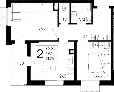 Продается 2-комн. квартира, 49.51 м²