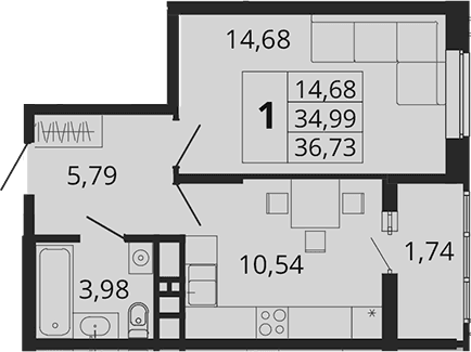 Продается 1-комн. квартира, 35.93 м²
