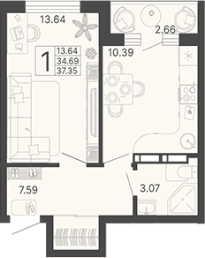 Продается 1-комн. квартира, 34.69 м²