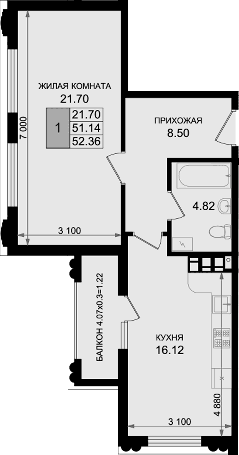 Продается 1-комн. квартира, 51.14 м²