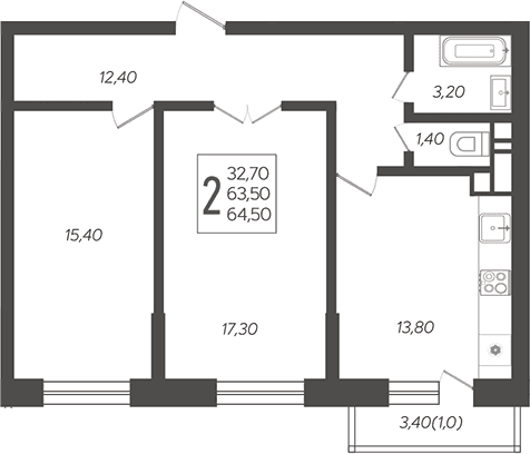 Продается 2-комн. квартира, 65.12 м²