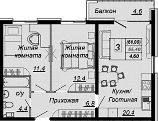Продается 2-комн. квартира, 55.5 м²