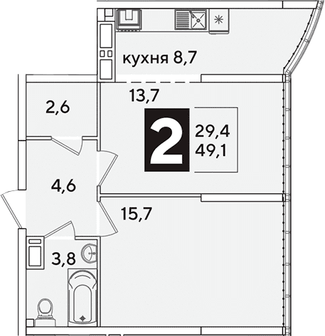 Продается 2-комн. квартира, 49.1 м²