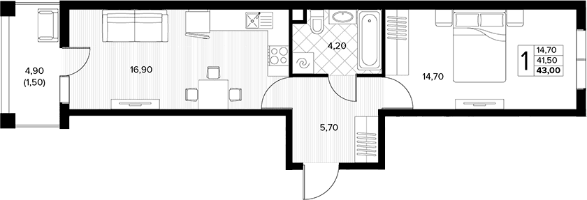 Продается 1-комн. квартира, 41.5 м²
