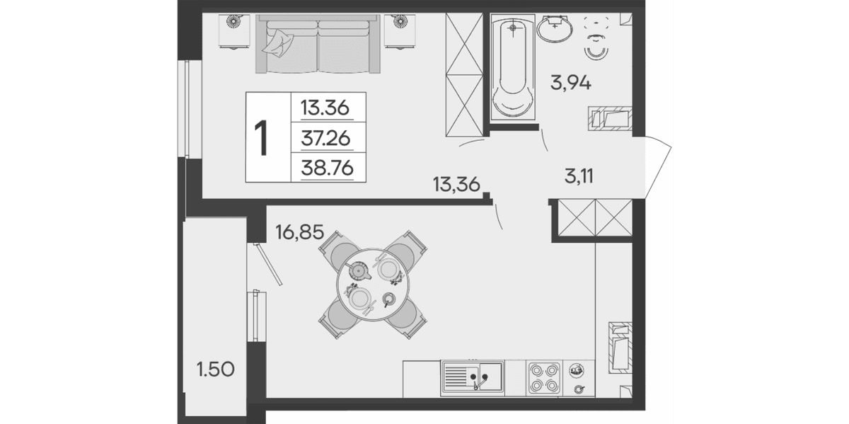 Продается 1-комн. квартира, 37.26 м²