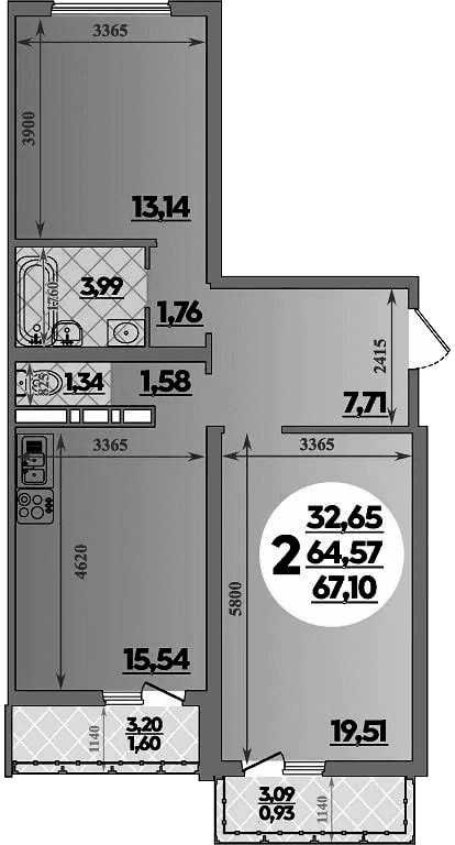 Продается 2-комн. квартира, 64.57 м²