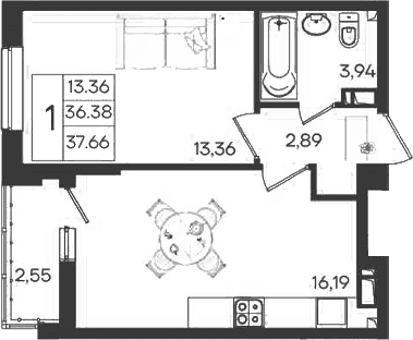 Продается 1-комн. квартира, 36.39 м²