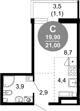 Продается 1-комн. квартира, 19.9 м²