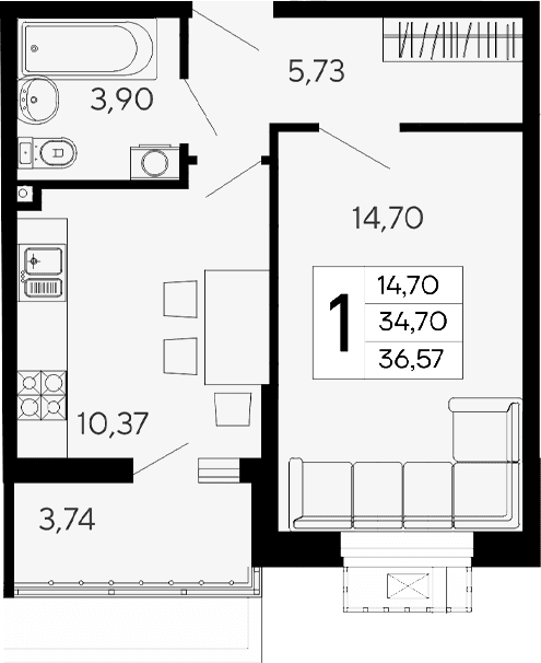 Продается 1-комн. квартира, 34.7 м²