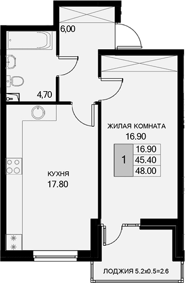 Продается 1-комн. квартира, 45.4 м²