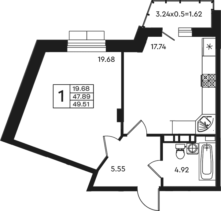 Продается 1-комн. квартира, 47.89 м²