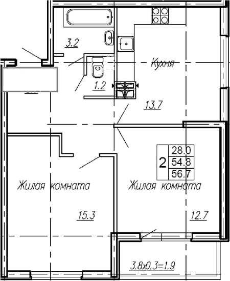 Продается 2-комн. квартира, 54.8 м²