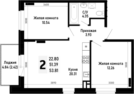 Продается 2-комн. квартира, 51.39 м²