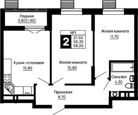 Продается 2-комн. квартира, 56.3 м²