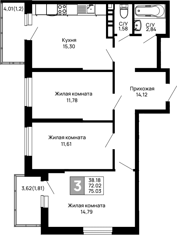 Продается 3-комн. квартира, 72.02 м²