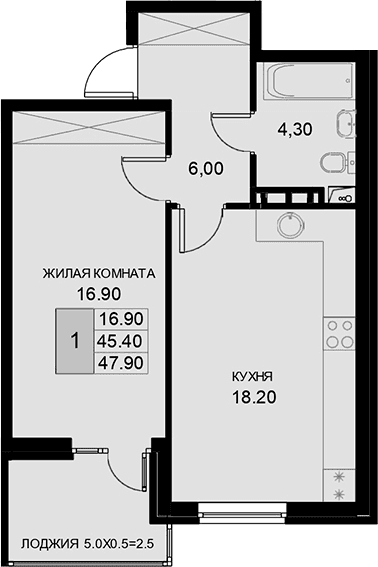 Продается 1-комн. квартира, 45.4 м²