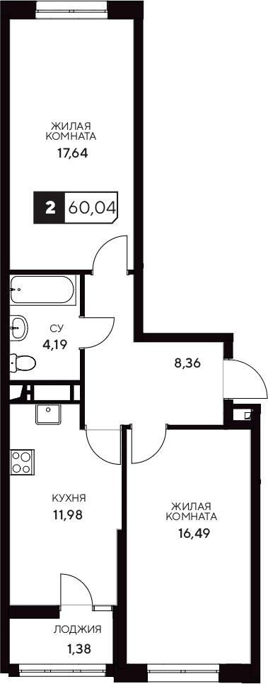 Продается 2-комн. квартира, 58.66 м²