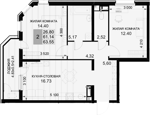 Продается 2-комн. квартира, 61.14 м²