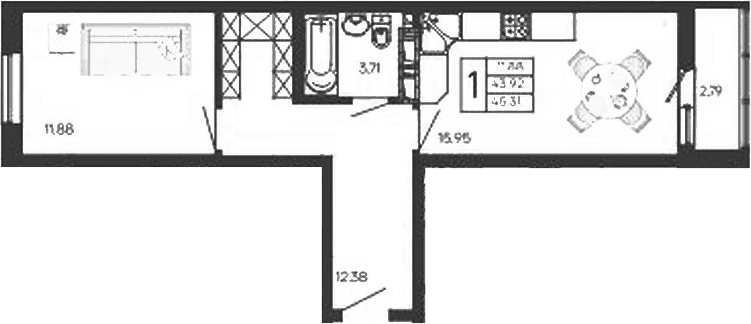 Продается 1-комн. квартира, 43.91 м²
