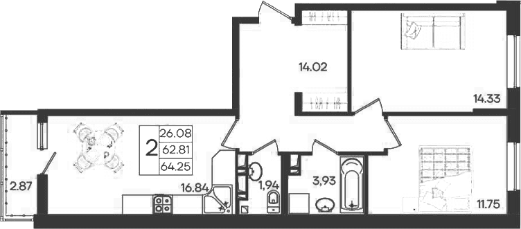 Продается 2-комн. квартира, 62.81 м²