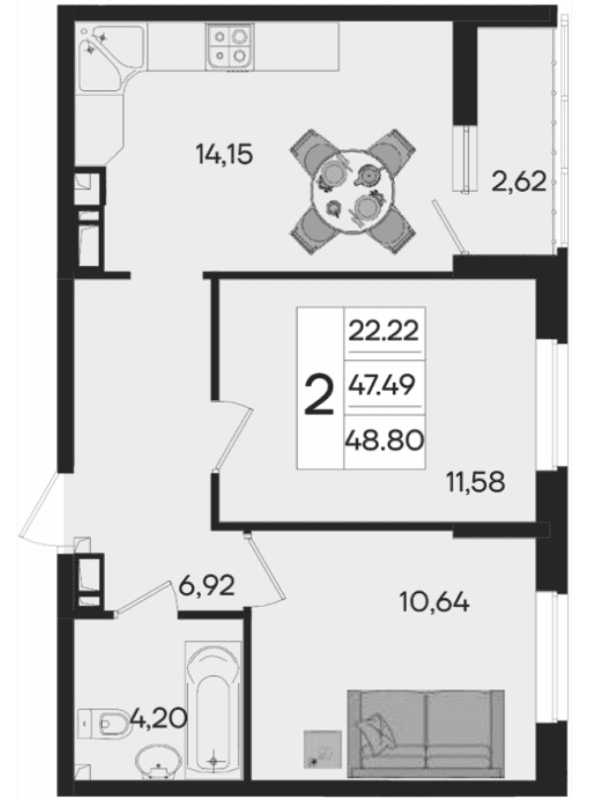 Продается 2-комн. квартира, 47.49 м²