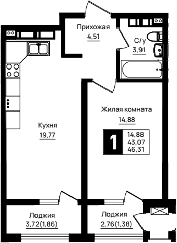 Продается 1-комн. квартира, 43.07 м²