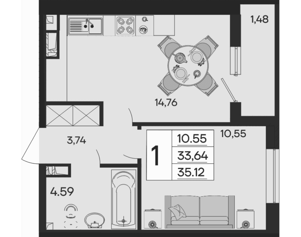 Продается 1-комн. квартира, 33.64 м²