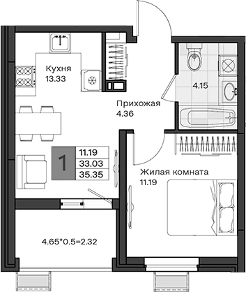 Продается 1-комн. квартира, 33.03 м²