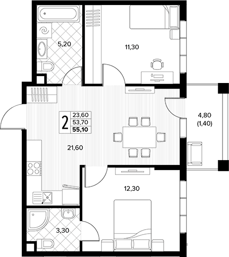 Продается 2-комн. квартира, 53.7 м²