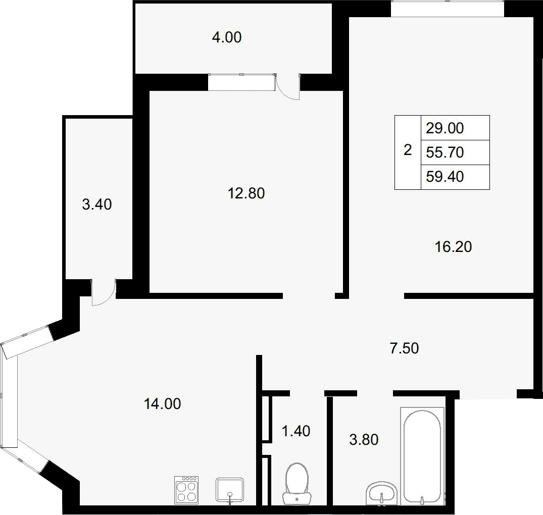 Продается 2-комн. квартира, 55.7 м²
