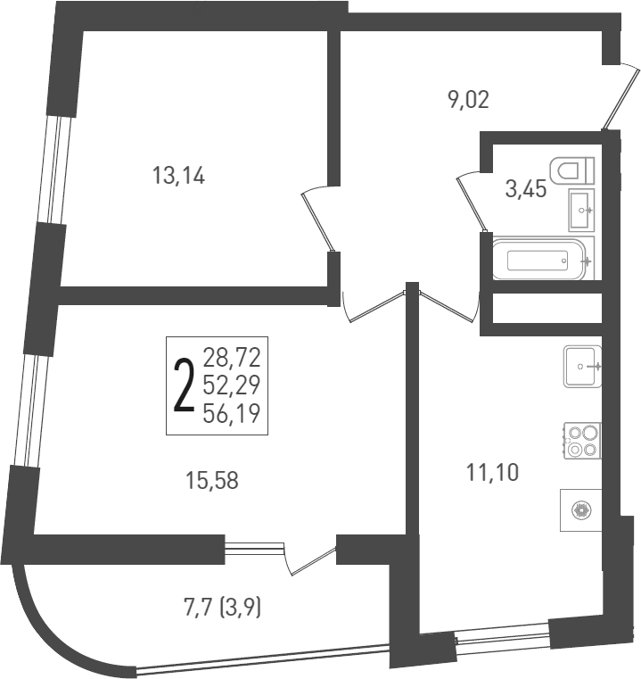 Продается 2-комн. квартира, 53.6 м²