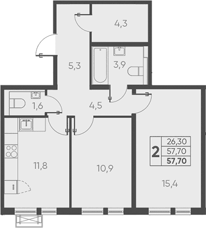 Продается 2-комн. квартира, 57.7 м²
