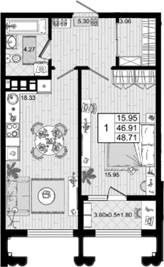 Продается 1-комн. квартира, 46.91 м²