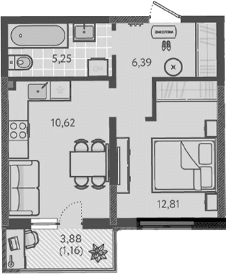 Продается 1-комн. квартира, 35.07 м²