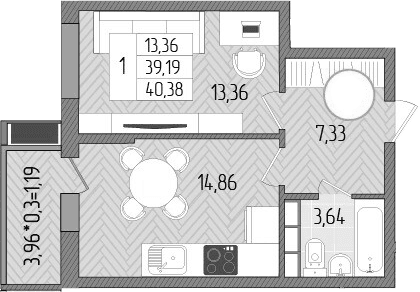 Продается 1-комн. квартира, 39.19 м²