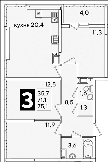 Продается 4-комн. квартира, 71.1 м²