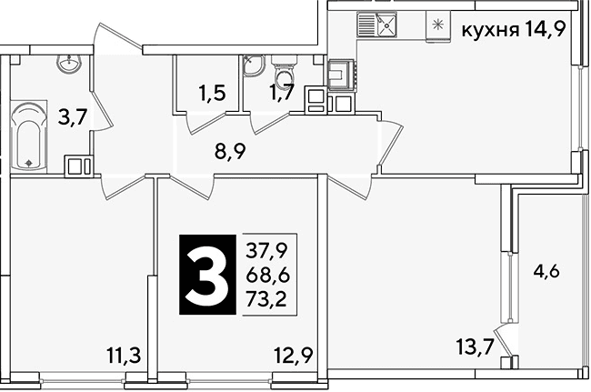 Продается 3-комн. квартира, 68.6 м²