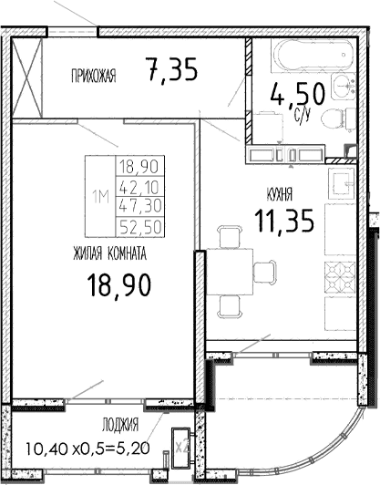 Продается 1-комн. квартира, 42.1 м²