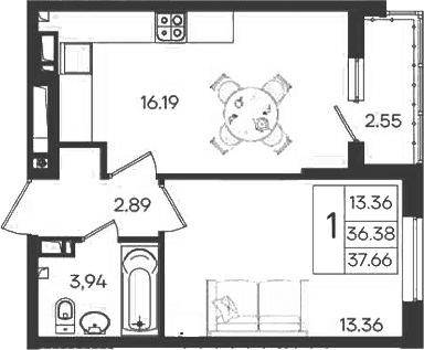 Продается 1-комн. квартира, 36.38 м²