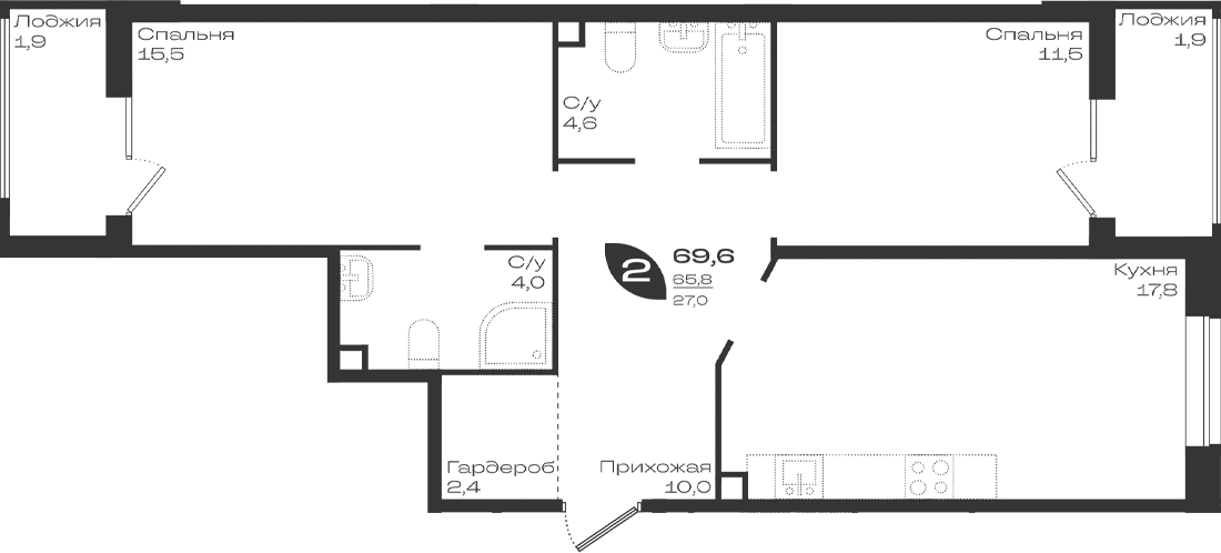 Продается 2-комн. квартира, 65.8 м²
