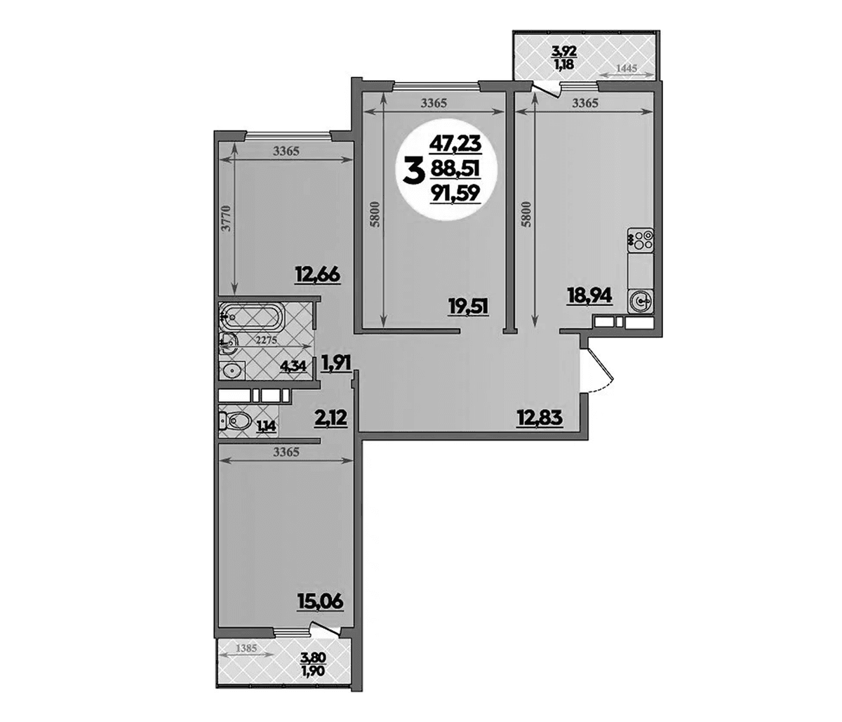 Продается 3-комн. квартира, 88.51 м²