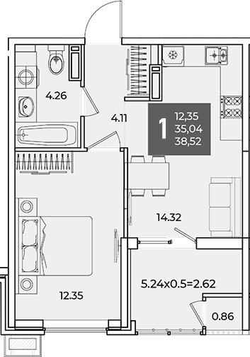 Продается 1-комн. квартира, 35.04 м²