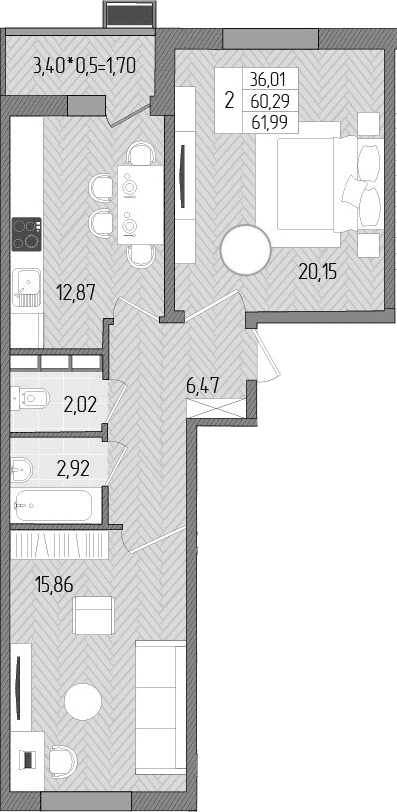 Продается 2-комн. квартира, 60.29 м²