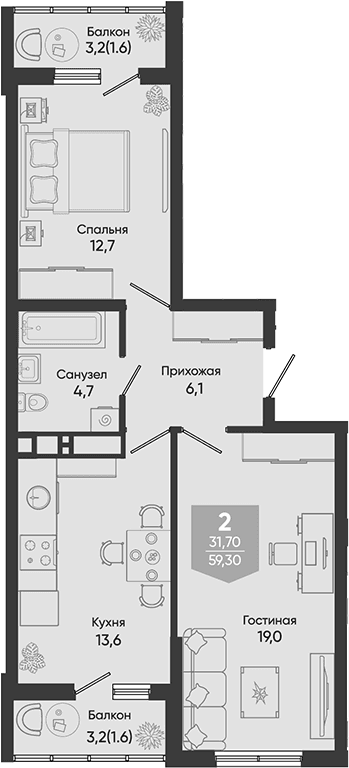 Продается 2-комн. квартира, 56.1 м²