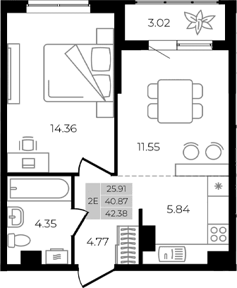 Продается 2-комн. квартира, 40.87 м²