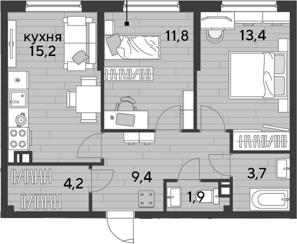 Продается 2-комн. квартира, 59.6 м²