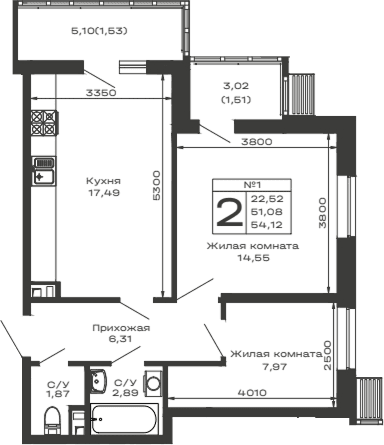 Продается 2-комн. квартира, 51.08 м²