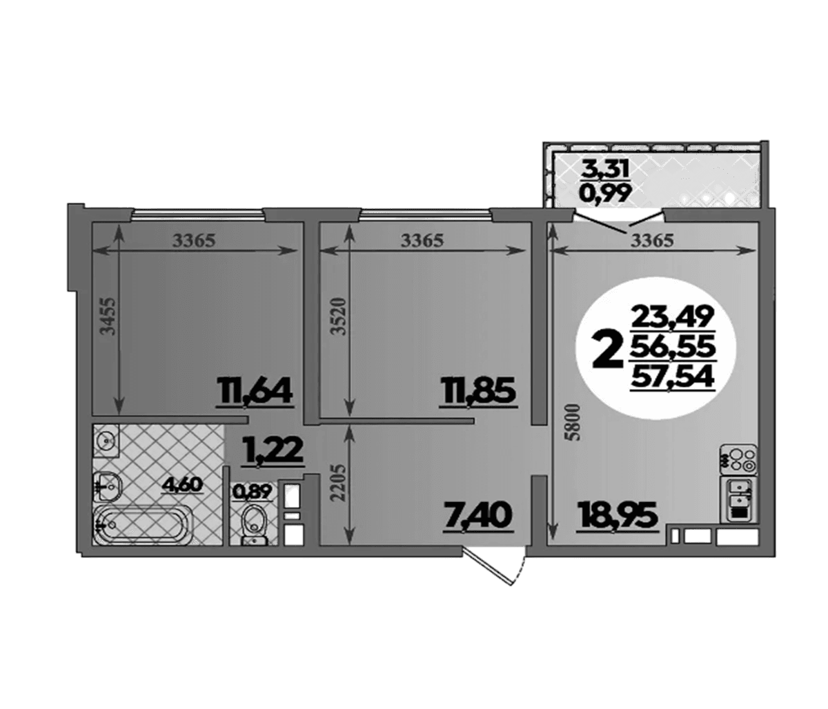 Продается 2-комн. квартира, 56.55 м²