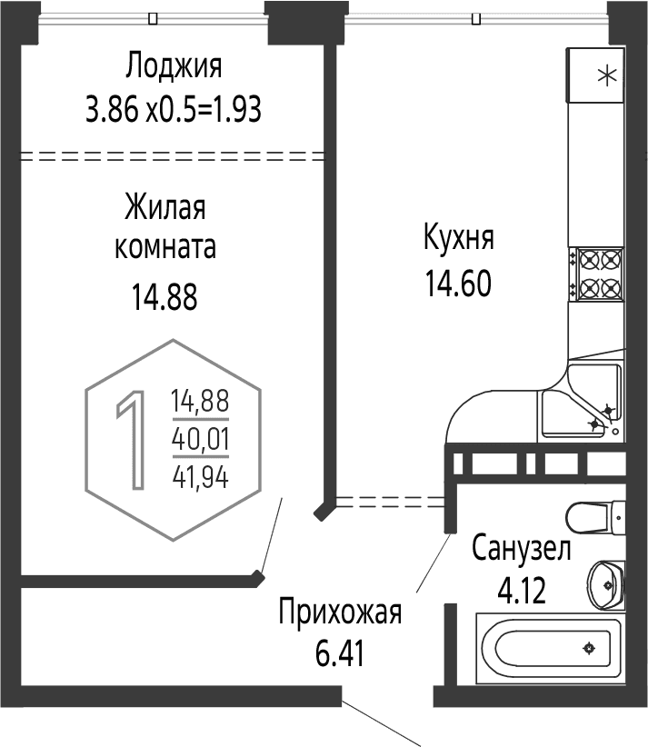 Продается 1-комн. квартира, 40.01 м²