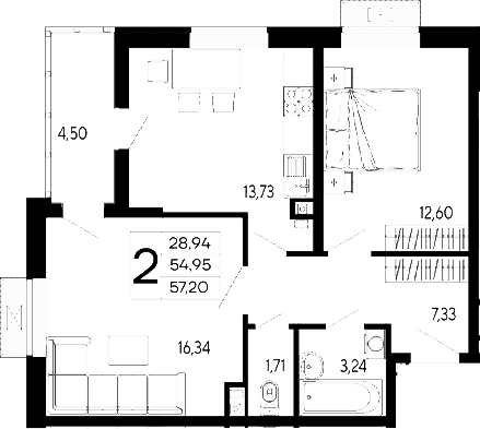 Продается 2-комн. квартира, 54.94 м²